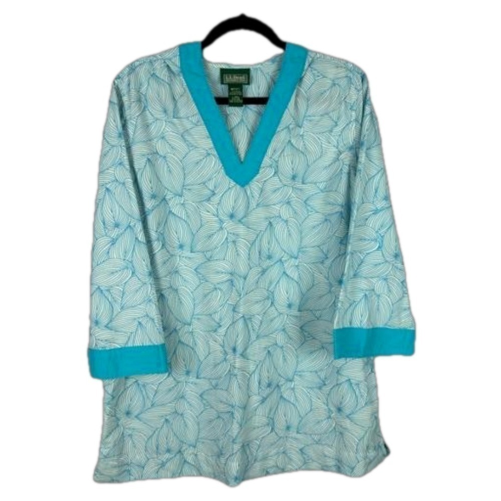 L.L. Bean Light Blue Leaf-Print Tunic with Teal Trim